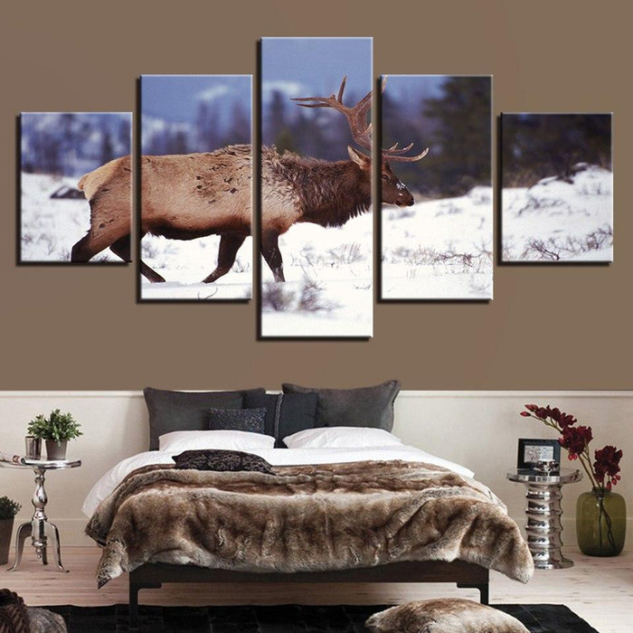 Deer in the Snow 5 Piece HD Multi Panel Canvas Wall Art Frame