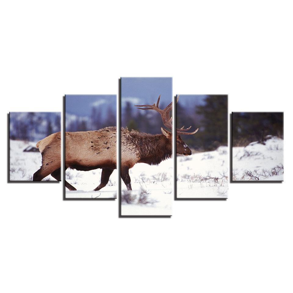 Deer in the Snow 5 Piece HD Multi Panel Canvas Wall Art Frame - Original Frame