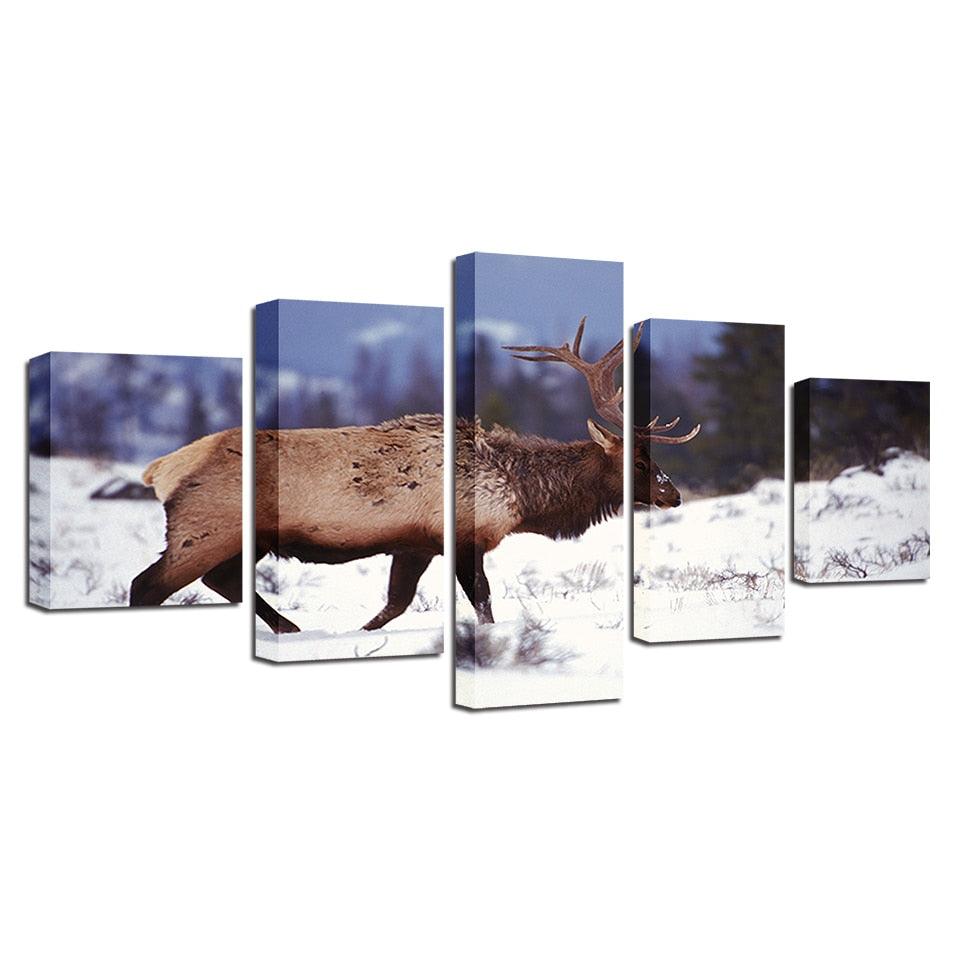 Deer in the Snow 5 Piece HD Multi Panel Canvas Wall Art Frame - Original Frame