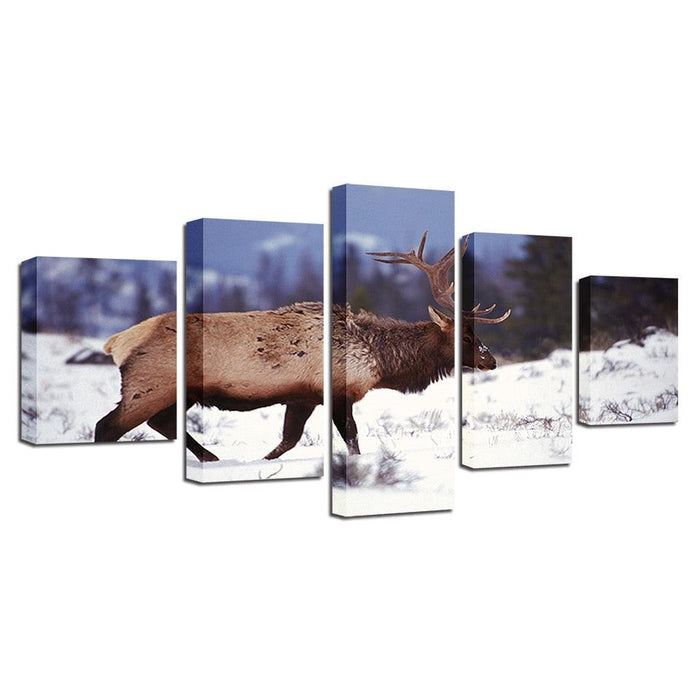 Deer in the Snow 5 Piece HD Multi Panel Canvas Wall Art Frame