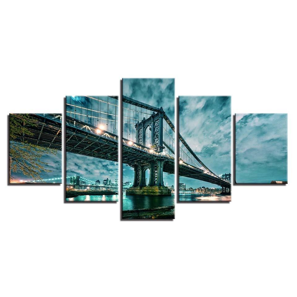 Manhattan Bridge 5 Piece HD Multi Panel Canvas Wall Art Frame - Original Frame