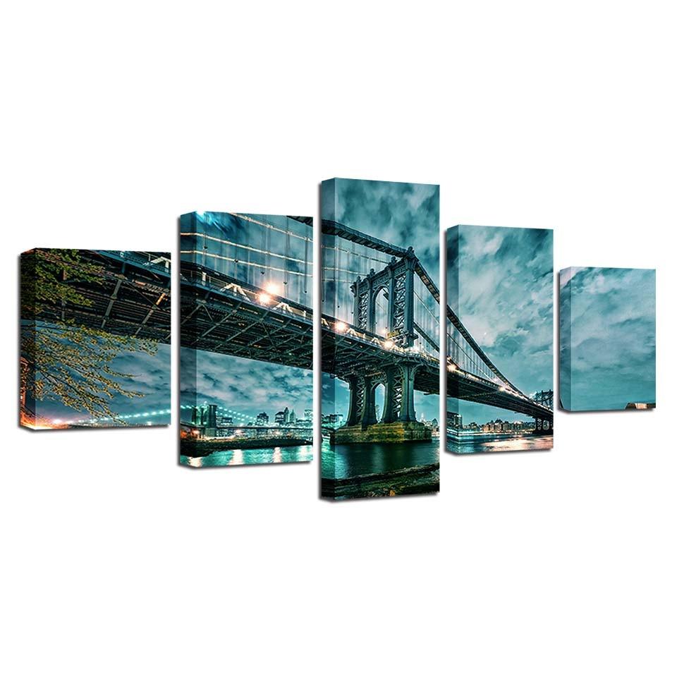 Manhattan Bridge 5 Piece HD Multi Panel Canvas Wall Art Frame - Original Frame