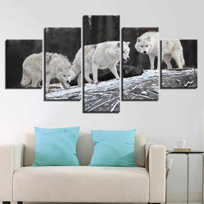 White Wolfs 5 Piece HD Multi Panel Canvas Wall Art Frame