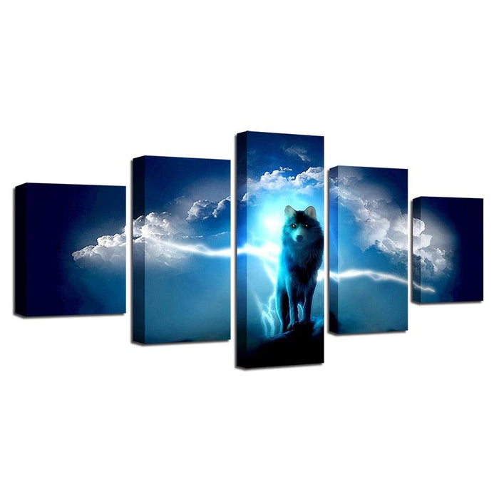 Night Wolf 5 Piece HD Multi Panel Canvas Wall Art Frame - Original Frame