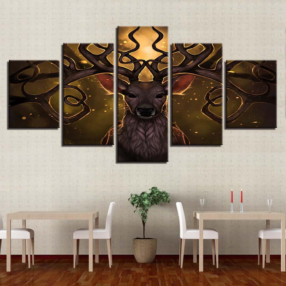 Long Horned Deer Bucks 5 Piece HD Multi Panel Canvas Wall Art Frame - Original Frame