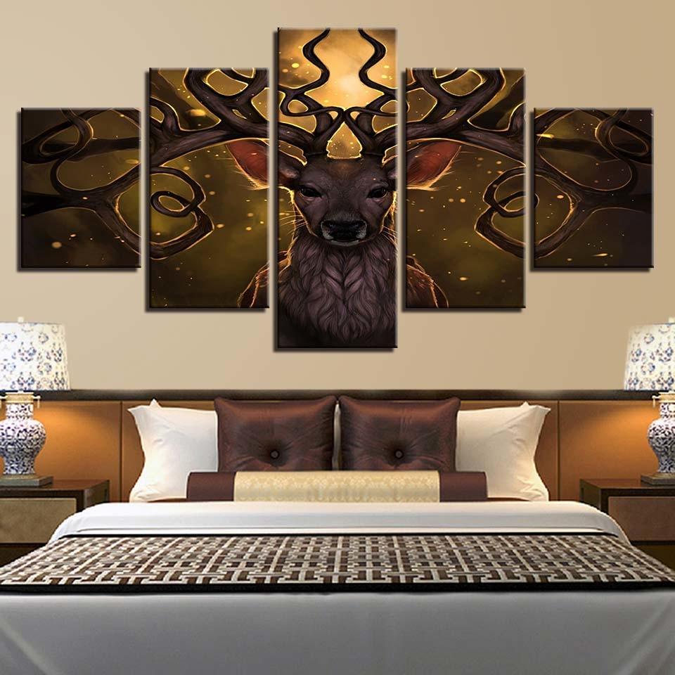 Long Horned Deer Bucks 5 Piece HD Multi Panel Canvas Wall Art Frame - Original Frame