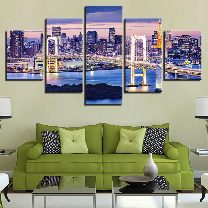 Rainbow Bridge Tokyo Night 5 Piece HD Multi Panel Canvas Wall Art - Original Frame