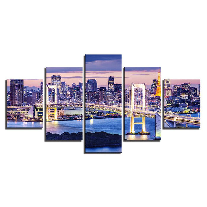 Rainbow Bridge Tokyo Night 5 Piece HD Multi Panel Canvas Wall Art - Original Frame