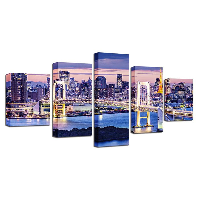 Rainbow Bridge Tokyo Night 5 Piece HD Multi Panel Canvas Wall Art - Original Frame