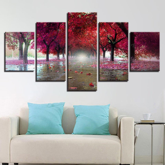 Purple Red Trees 5 Piece HD Multi Panel Canvas Wall Art - Original Frame