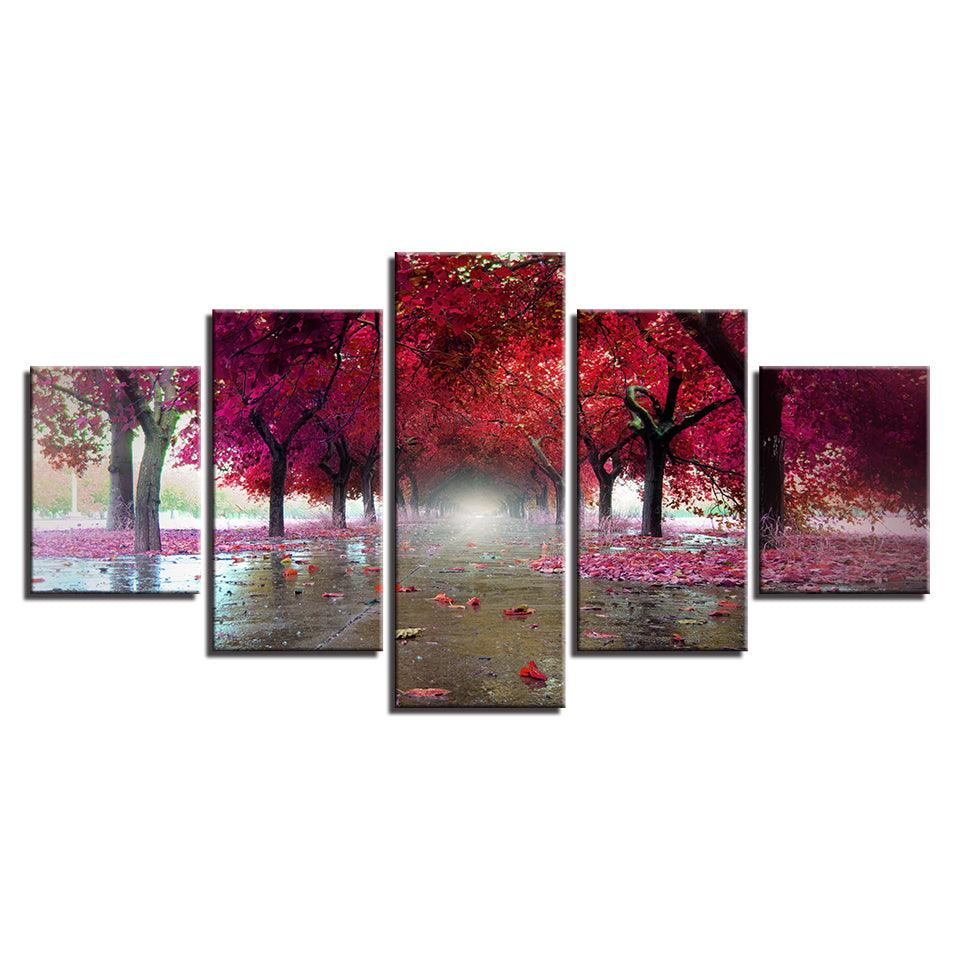 Purple Red Trees 5 Piece HD Multi Panel Canvas Wall Art - Original Frame