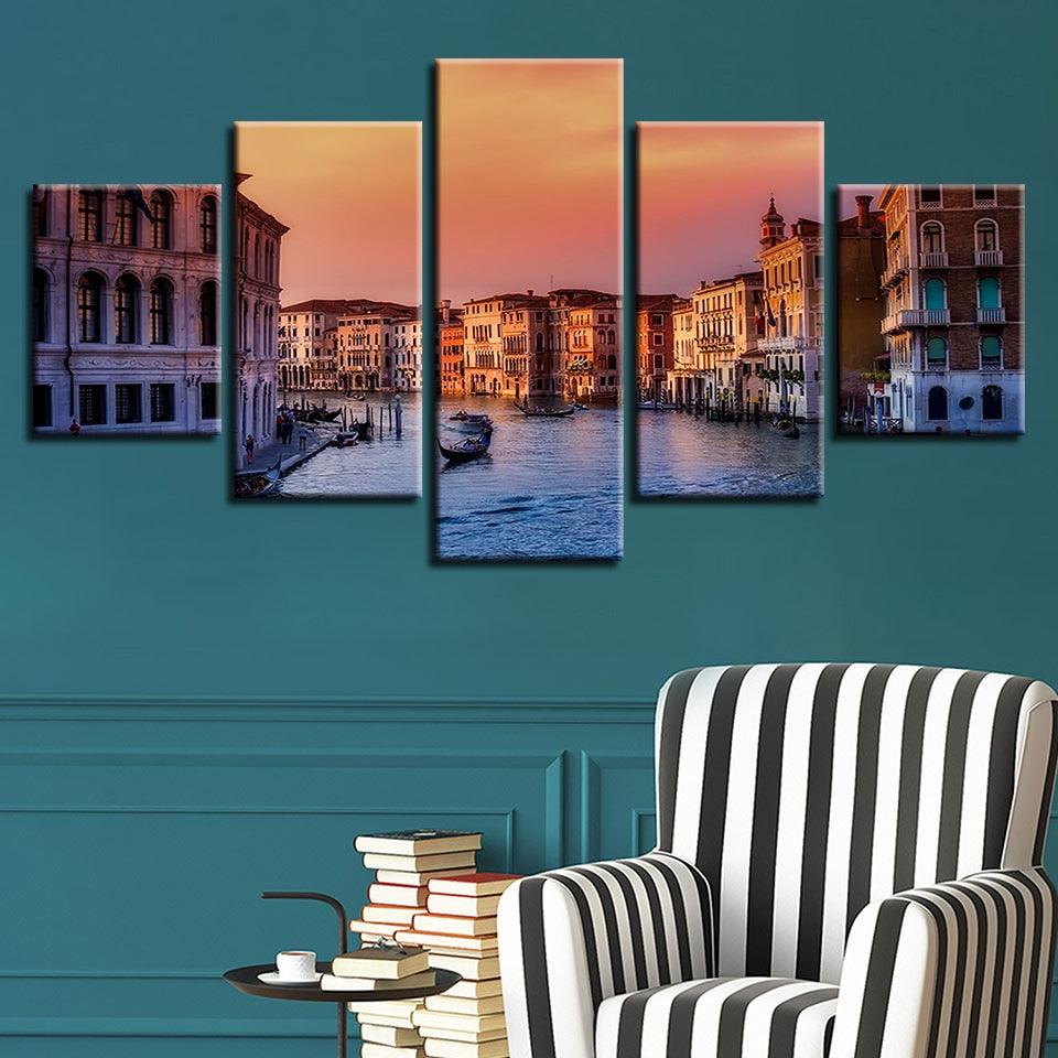 Venice Water City Building Landscape 5 Piece HD Multi Panel Canvas Wall Art Frame - Original Frame