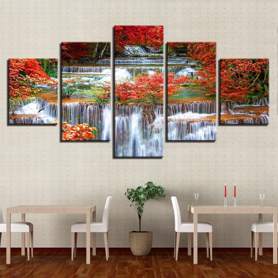 Autumn Waterfall 5 Piece HD Multi Panel Canvas Wall Art Frame - Original Frame