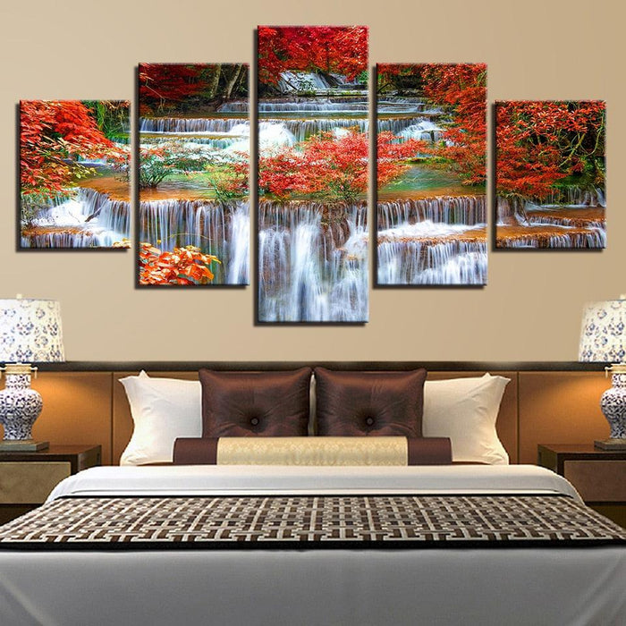 Autumn Waterfall 5 Piece HD Multi Panel Canvas Wall Art Frame