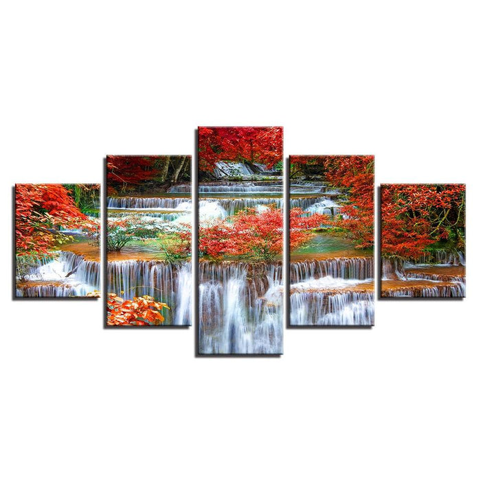 Autumn Waterfall 5 Piece HD Multi Panel Canvas Wall Art Frame - Original Frame