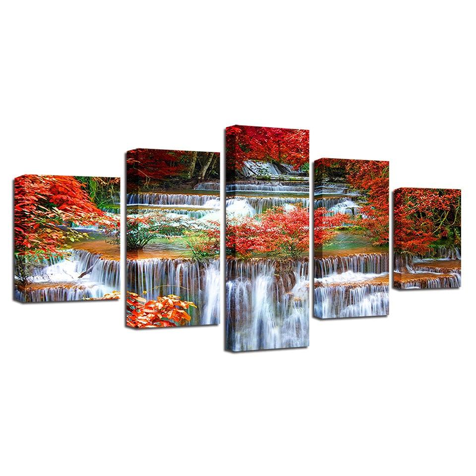 Autumn Waterfall 5 Piece HD Multi Panel Canvas Wall Art Frame - Original Frame