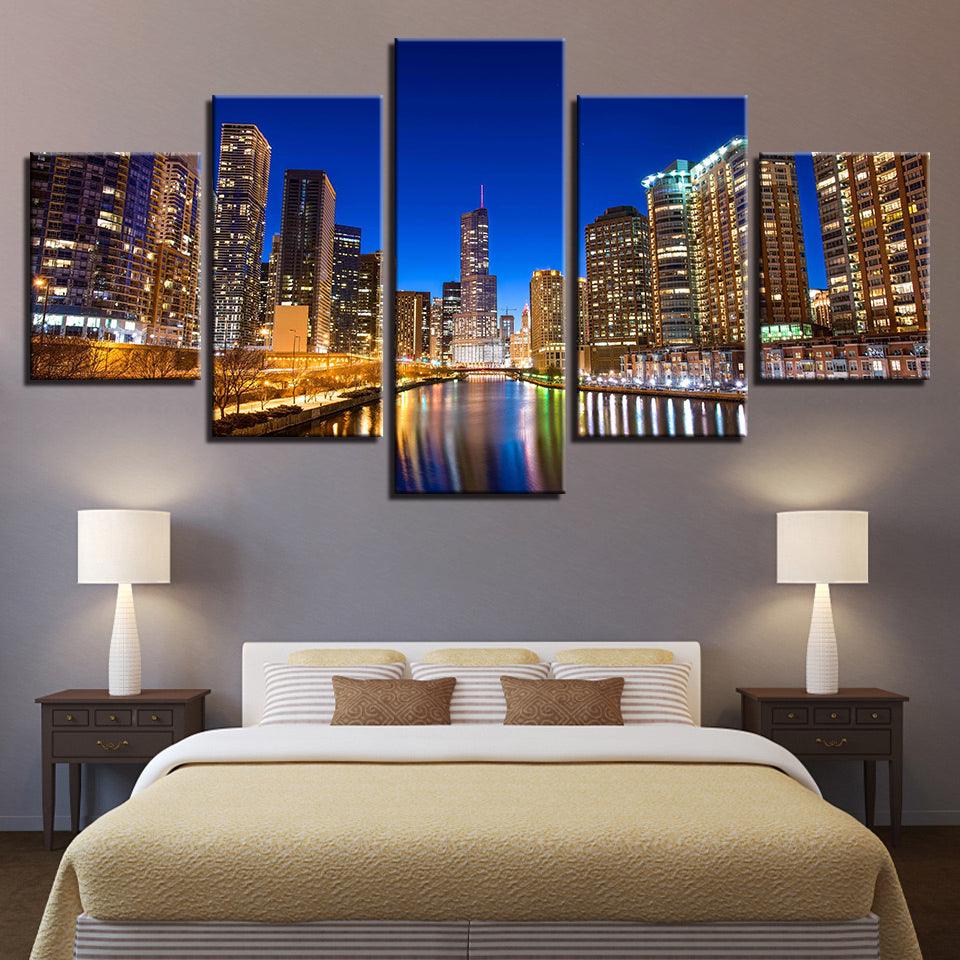 City Building Nightscape 5 Piece HD Multi Panel Canvas Wall Art Frame - Original Frame