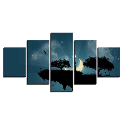 Moon Star Steep Cliff Trees 5 Piece HD Multi Panel Canvas Wall Art Frame - Original Frame