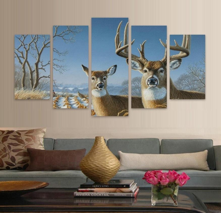 Elk In Forest 5 Piece HD Multi Panel Canvas Wall Art Frame - Original Frame