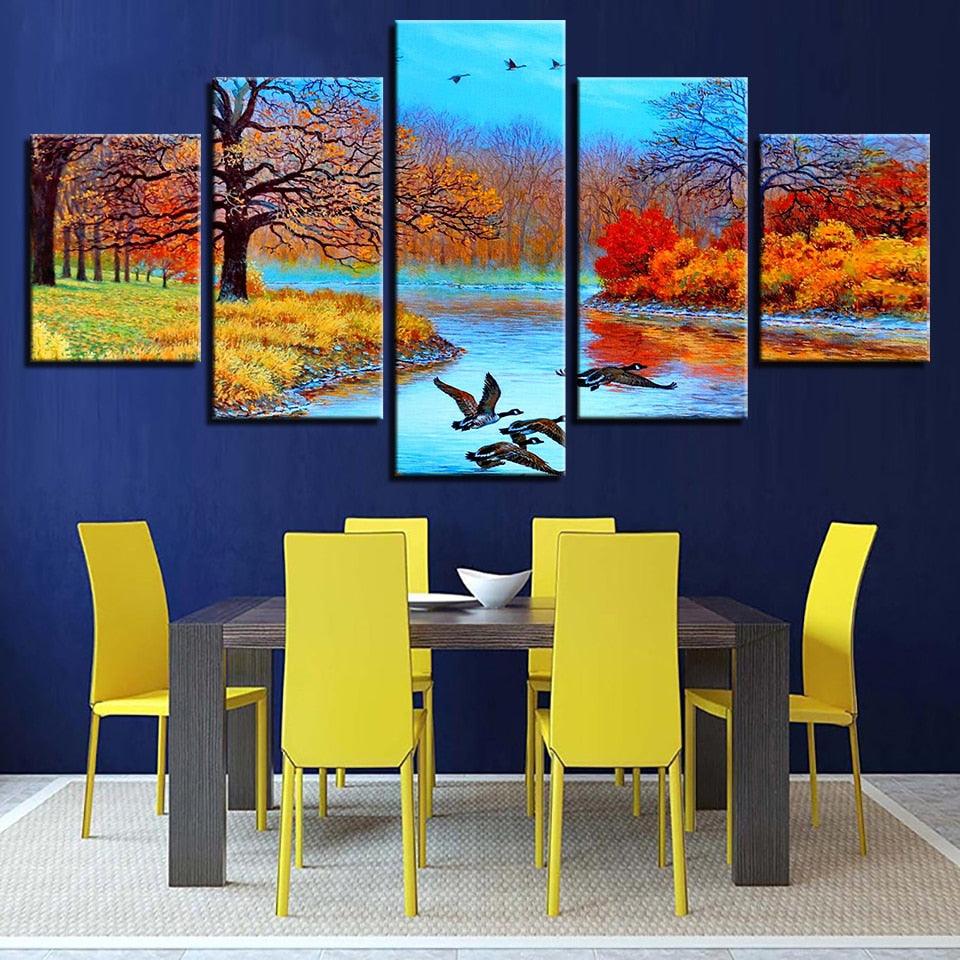 Abstract Forest Lake And Birds 5 Piece HD Multi Panel Canvas Wall Art Frame - Original Frame