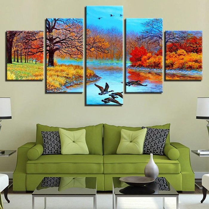 Abstract Forest Lake And Birds 5 Piece HD Multi Panel Canvas Wall Art Frame - Original Frame