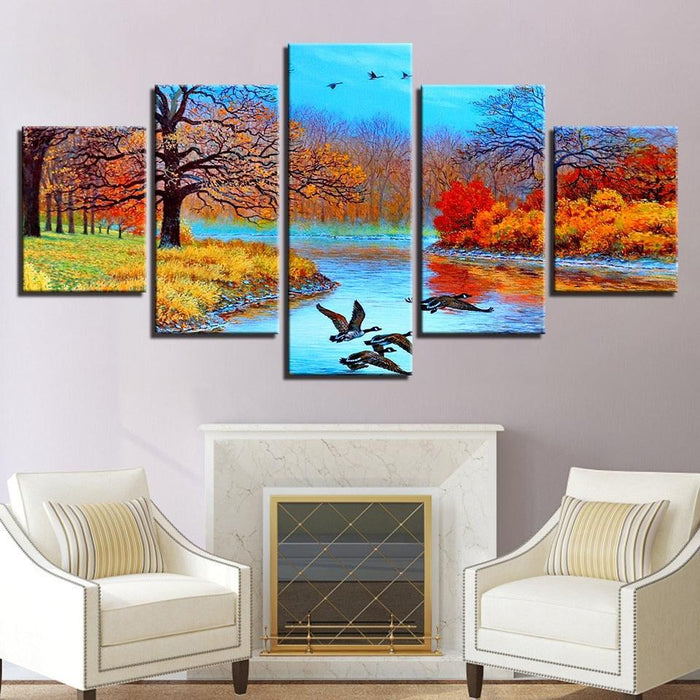 Abstract Forest Lake And Birds 5 Piece HD Multi Panel Canvas Wall Art Frame - Original Frame