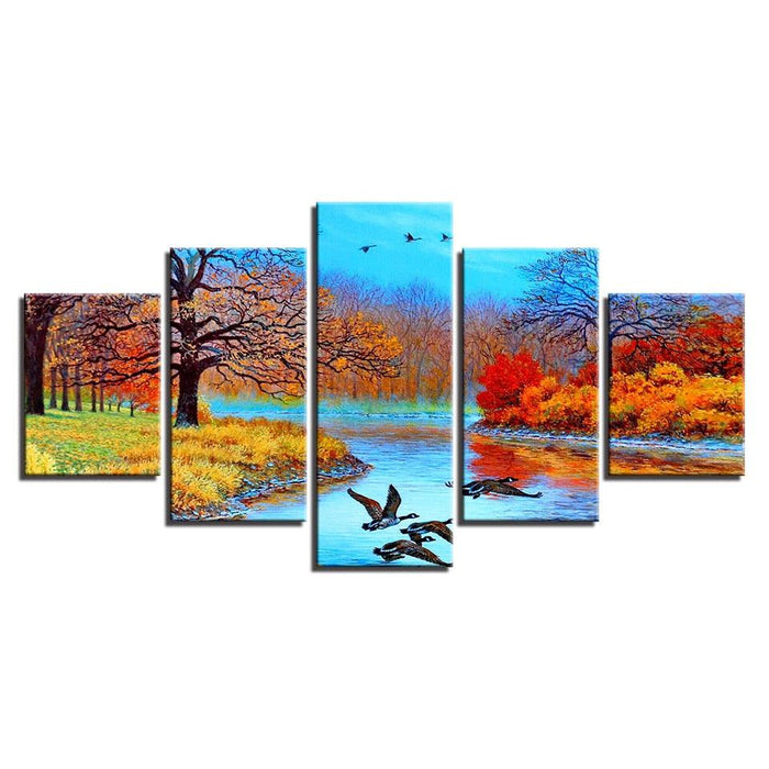 Abstract Forest Lake And Birds 5 Piece HD Multi Panel Canvas Wall Art Frame - Original Frame