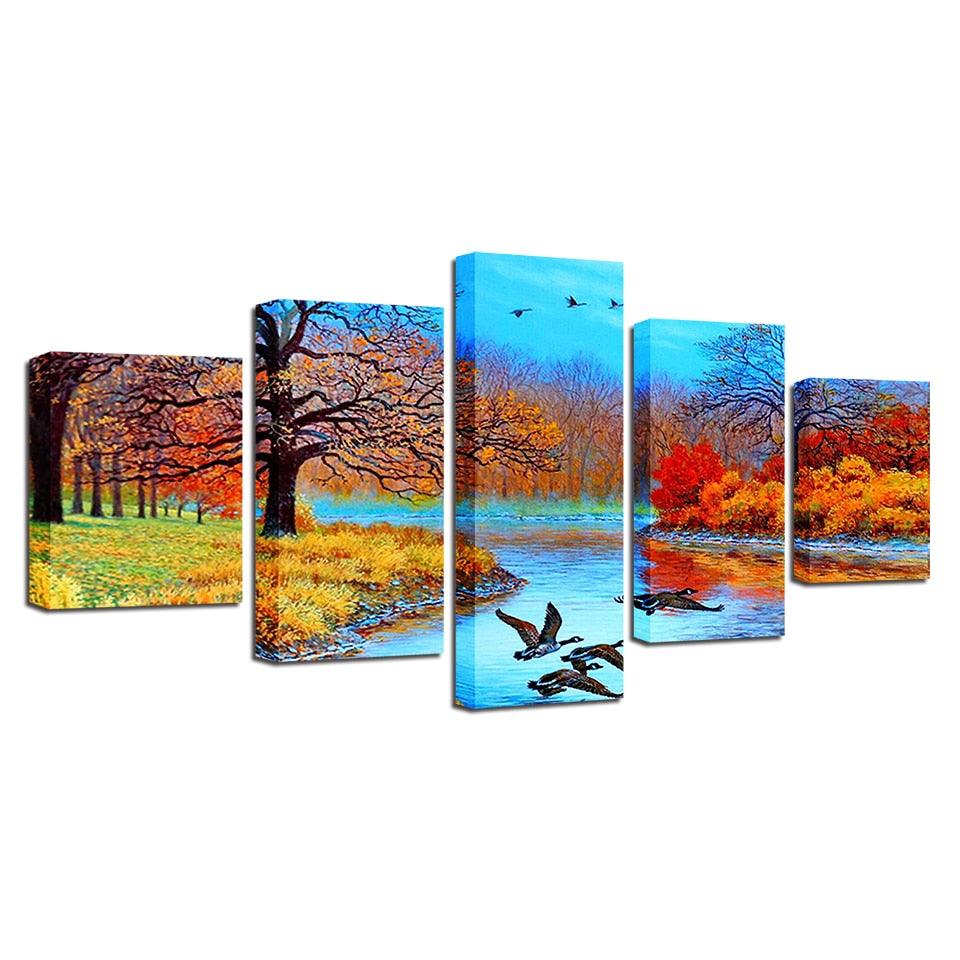 Abstract Forest Lake And Birds 5 Piece HD Multi Panel Canvas Wall Art Frame - Original Frame
