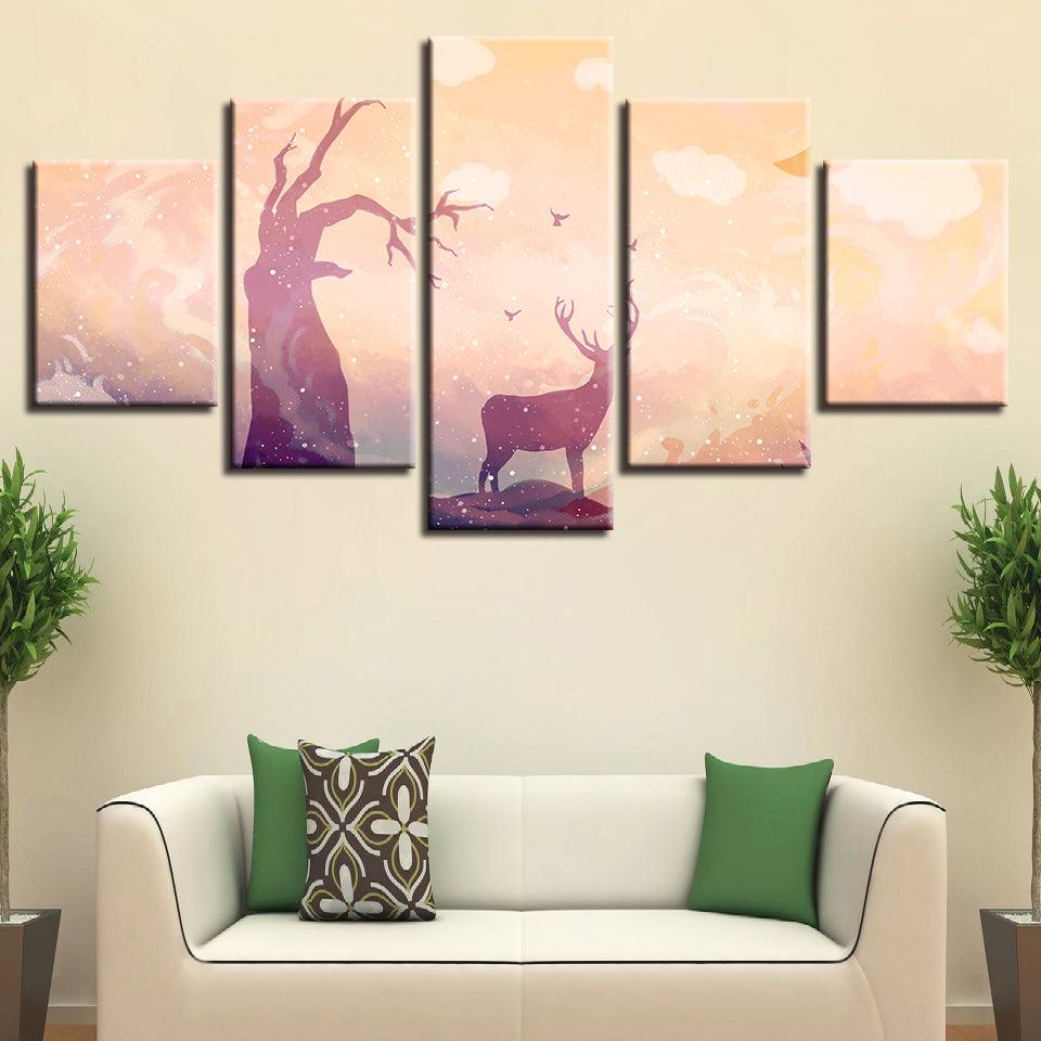 Deer Tree Fantasy 5 Piece HD Multi Panel Canvas Wall Art Frame - Original Frame