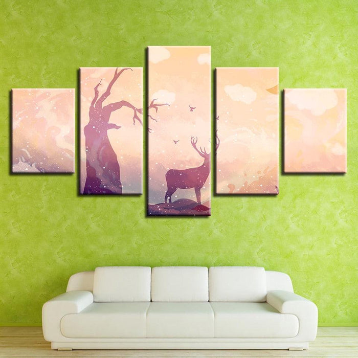 Deer Tree Fantasy 5 Piece HD Multi Panel Canvas Wall Art Frame