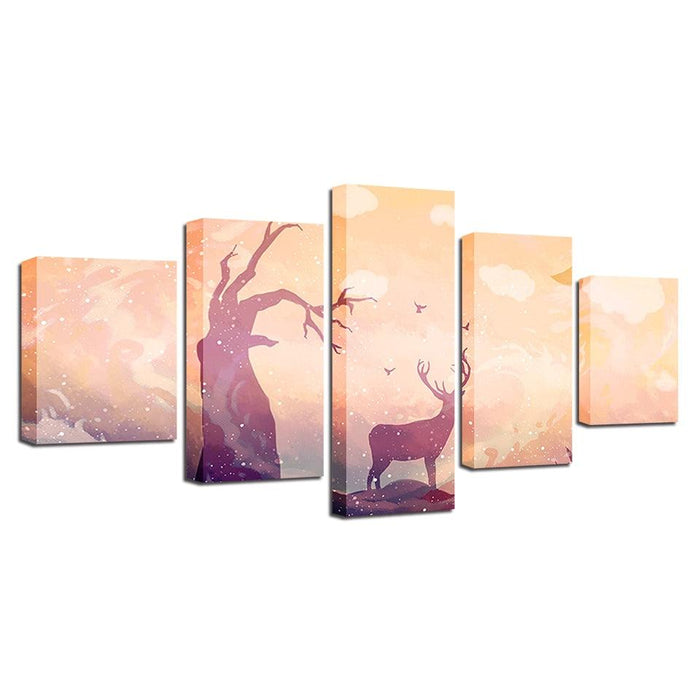 Deer Tree Fantasy 5 Piece HD Multi Panel Canvas Wall Art Frame - Original Frame