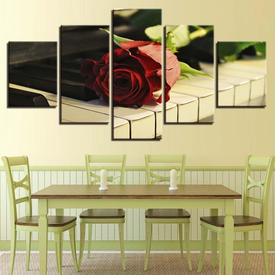 Rose on Piano 5 Piece HD Multi Panel Canvas Wall Art Frame - Original Frame