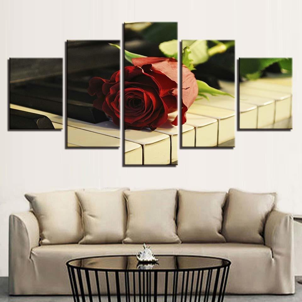 Rose on Piano 5 Piece HD Multi Panel Canvas Wall Art Frame - Original Frame