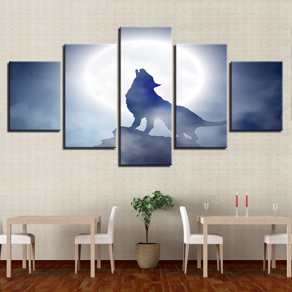 Full Moon Wolf Howl 5 Piece HD Multi Panel Canvas Wall Art Frame - Original Frame