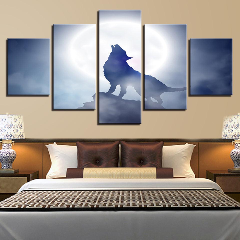 Full Moon Wolf Howl 5 Piece HD Multi Panel Canvas Wall Art Frame - Original Frame