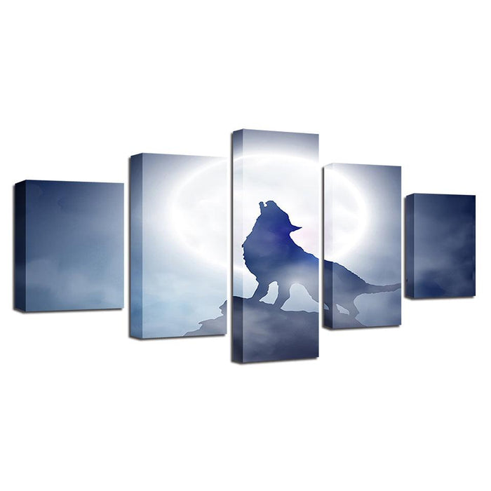 Full Moon Wolf Howl 5 Piece HD Multi Panel Canvas Wall Art Frame - Original Frame