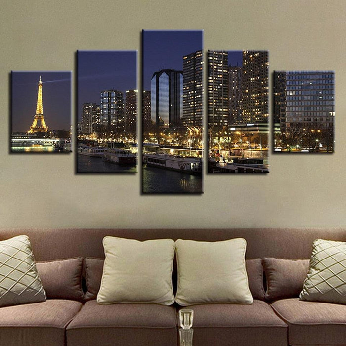 Paris Night 5 Piece HD Multi Panel Canvas Wall Art Frame - Original Frame