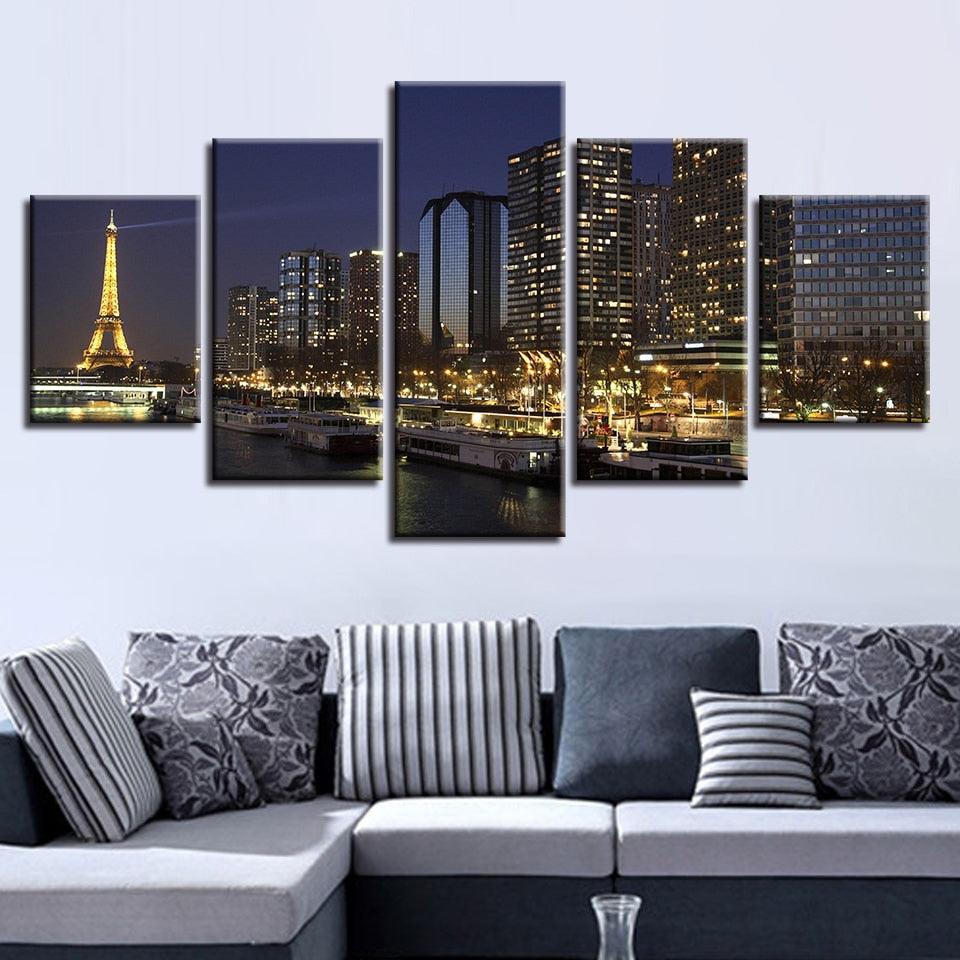 Paris Night 5 Piece HD Multi Panel Canvas Wall Art Frame - Original Frame