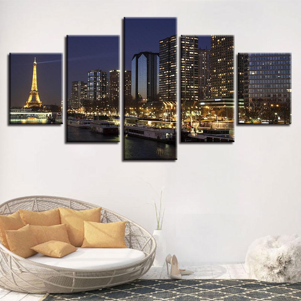 Paris Night 5 Piece HD Multi Panel Canvas Wall Art Frame - Original Frame