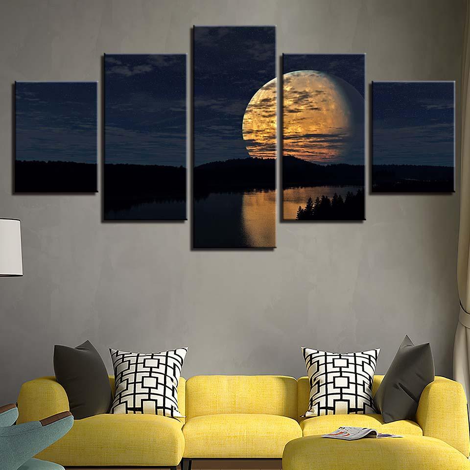Full Moon Night 5 Piece HD Multi Panel Canvas Wall Art Frame - Original Frame