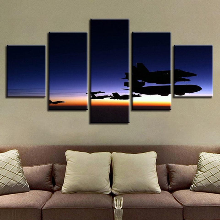 Airplanes Fly Sunset 5 Piece HD Multi Panel Canvas Wall Art Frame - Original Frame