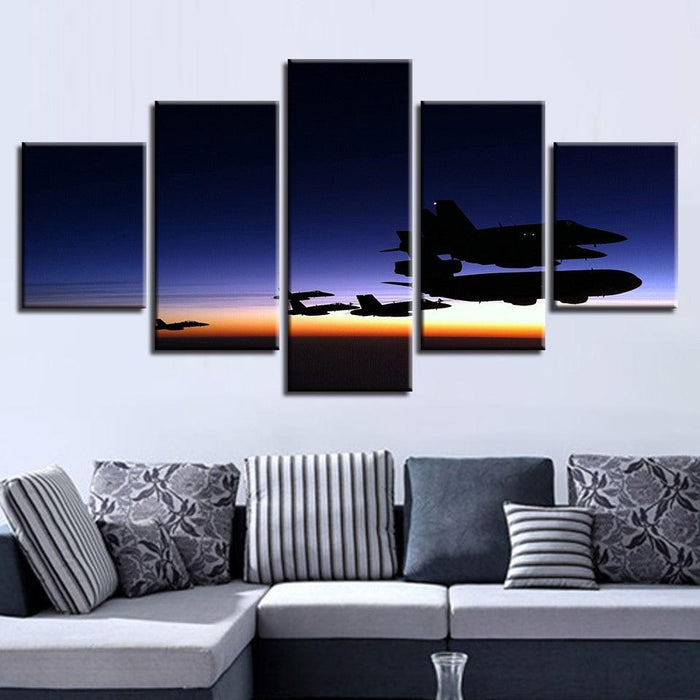 Airplanes Fly Sunset 5 Piece HD Multi Panel Canvas Wall Art Frame - Original Frame