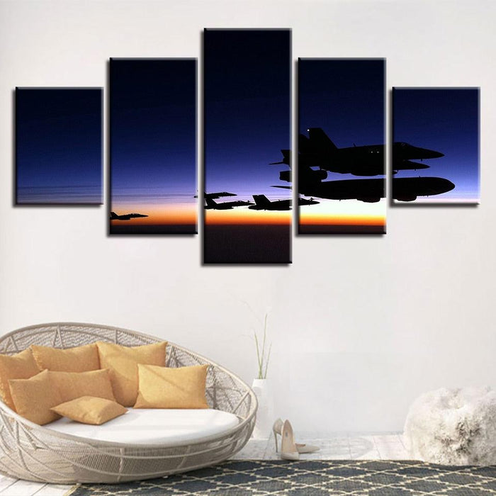 Airplanes Fly Sunset 5 Piece HD Multi Panel Canvas Wall Art Frame - Original Frame