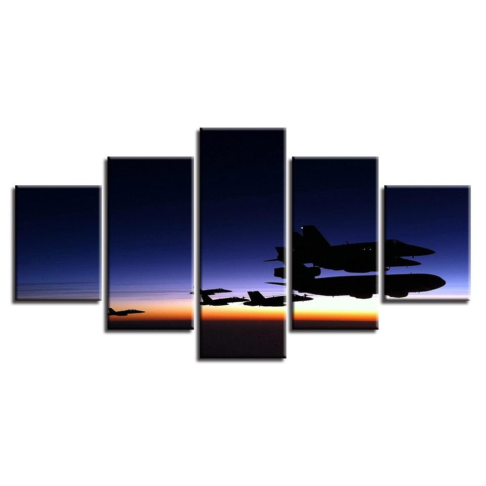 Airplanes Fly Sunset 5 Piece HD Multi Panel Canvas Wall Art Frame - Original Frame
