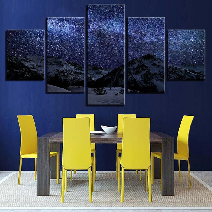 Snow Mountains under Starry Sky 5 Piece HD Multi Panel Canvas Wall Art Frame - Original Frame