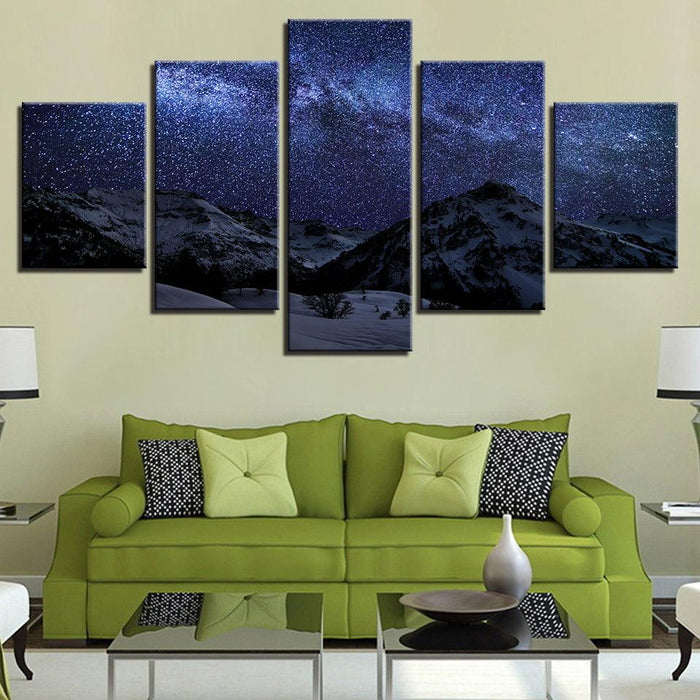 Snow Mountains under Starry Sky 5 Piece HD Multi Panel Canvas Wall Art Frame - Original Frame