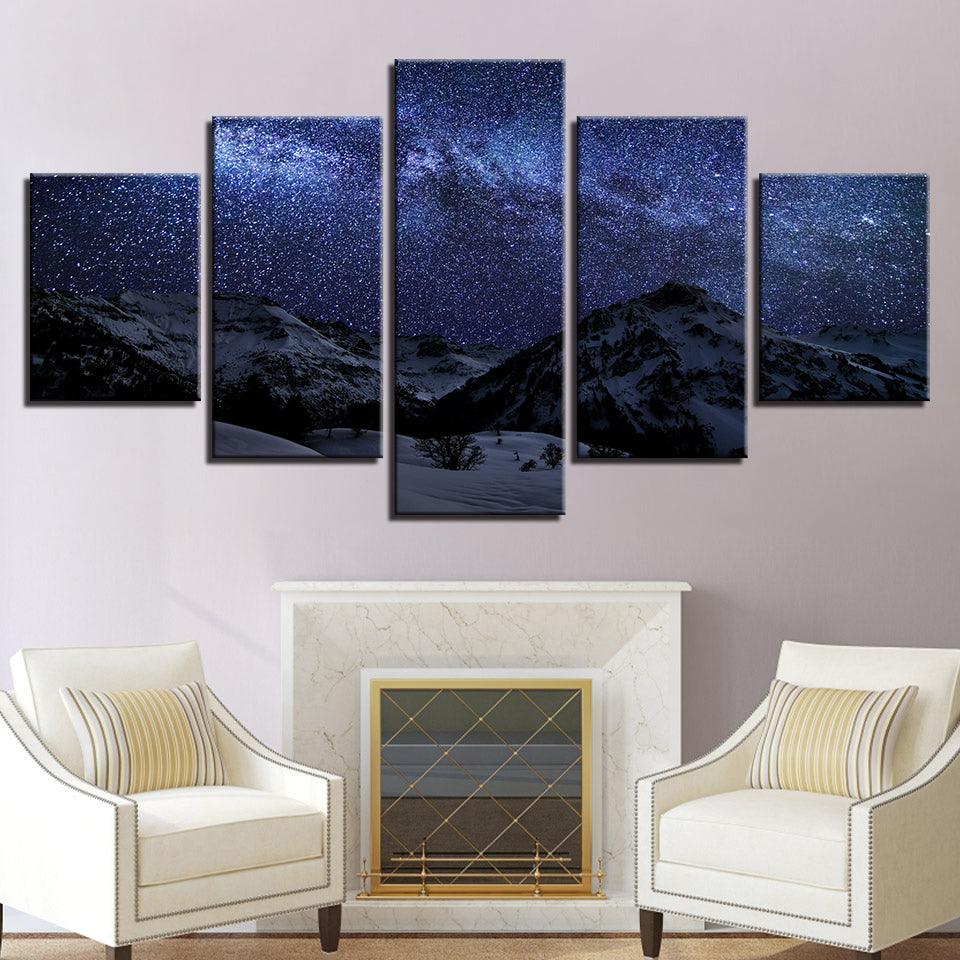 Snow Mountains under Starry Sky 5 Piece HD Multi Panel Canvas Wall Art Frame - Original Frame