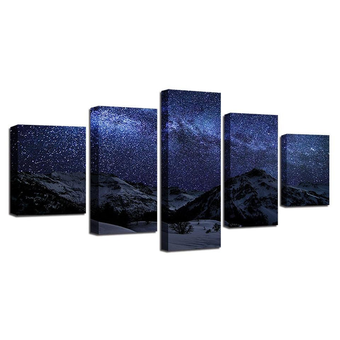 Snow Mountains under Starry Sky 5 Piece HD Multi Panel Canvas Wall Art Frame
