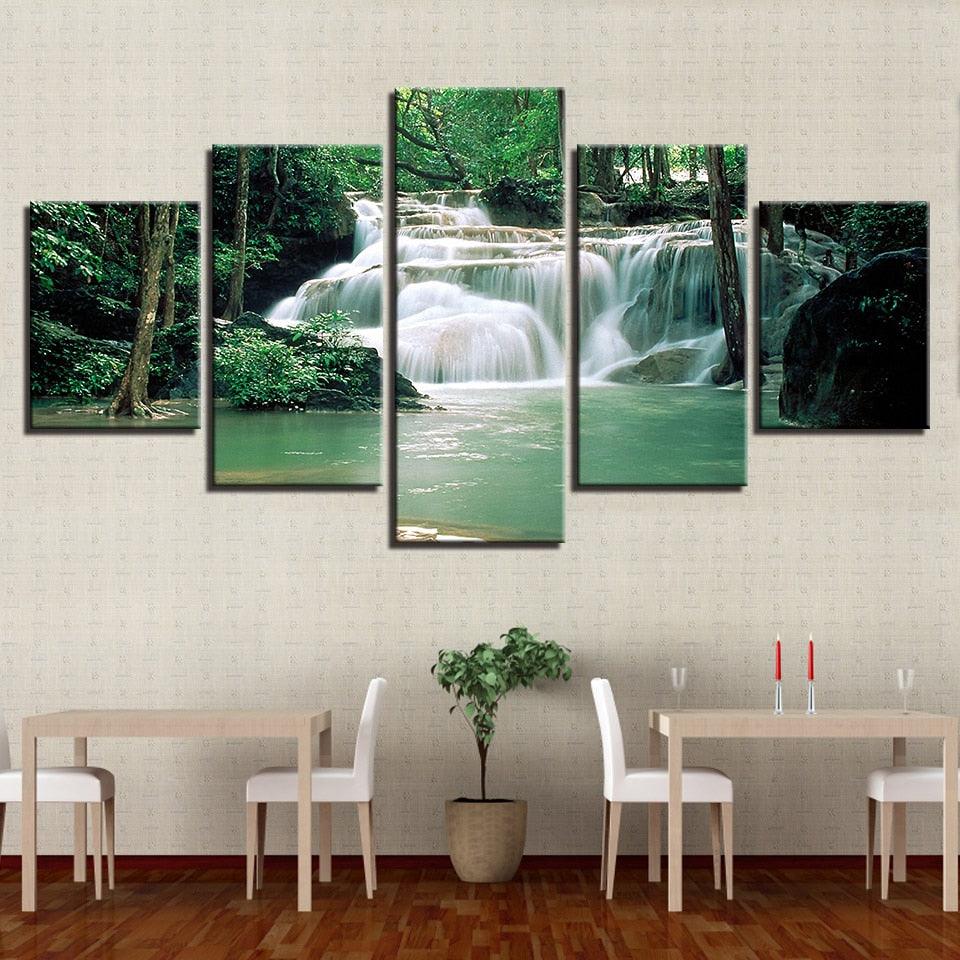 Forest Lake Waterfall 5 Piece HD Multi Panel Canvas Wall Art Frame - Original Frame