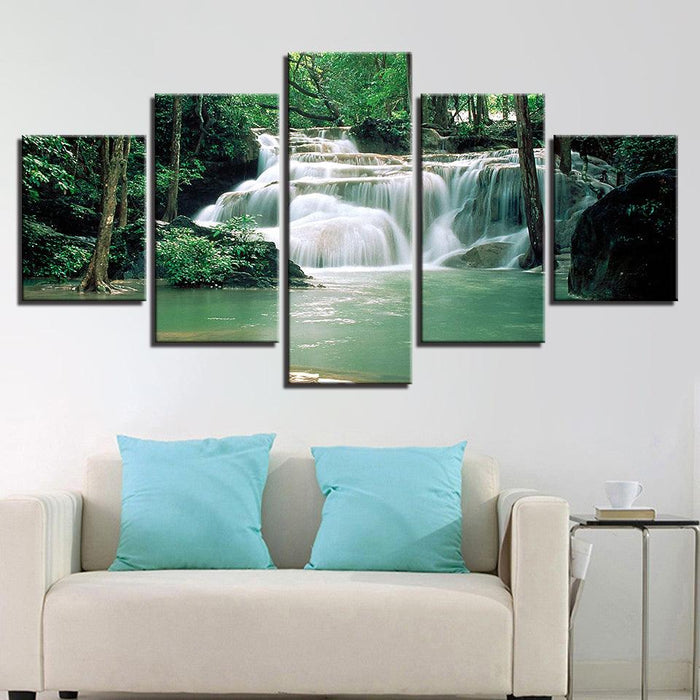 Forest Lake Waterfall 5 Piece HD Multi Panel Canvas Wall Art Frame - Original Frame